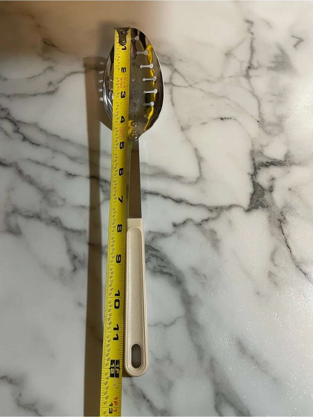 Vintage MCM Ekco 12” slotted kitchen spoon beige handle utensil